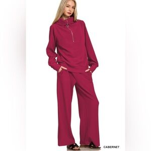 Zenana Outfitters Burgundy Rib Knit Lounge Set